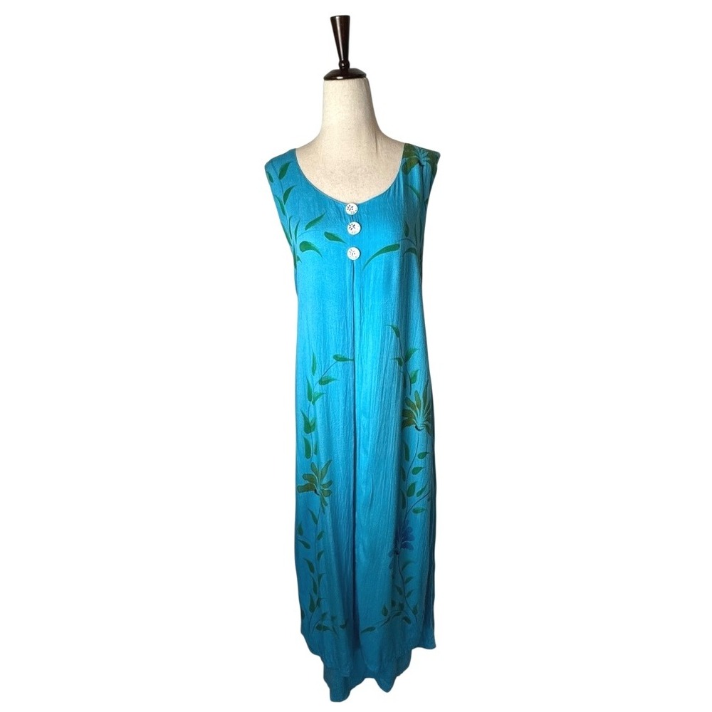 Bali Chic Dress Women Large Blue‎ Floral Tie Back Maxi Boho Cottagecore Beach